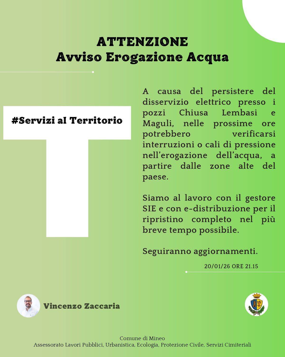 POSSIBILI DISSERVIZI EROGAZIONE ACQUA 