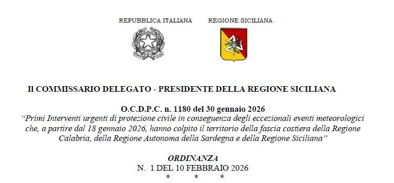 OCDPC 1180 del 30 gennaio 2026 Emergenza eventi meteorologici 